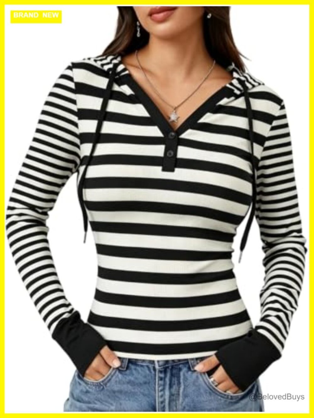 Women's Y2K Striped Hooded T-Shirt Long Sleeve Slim Fit Grunge Streetwear